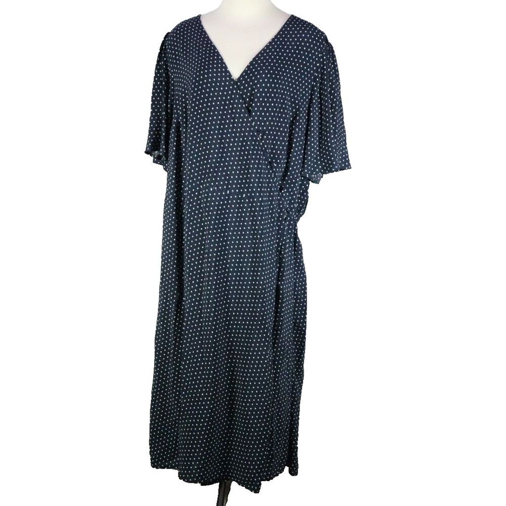 Terra & Sky Wrap Dress  Short Sleeve Midi Polka Dot Navy/White 3X (24W-26W)